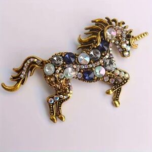 Vintage Gold Unicorn Brooch with Multicolor Gems